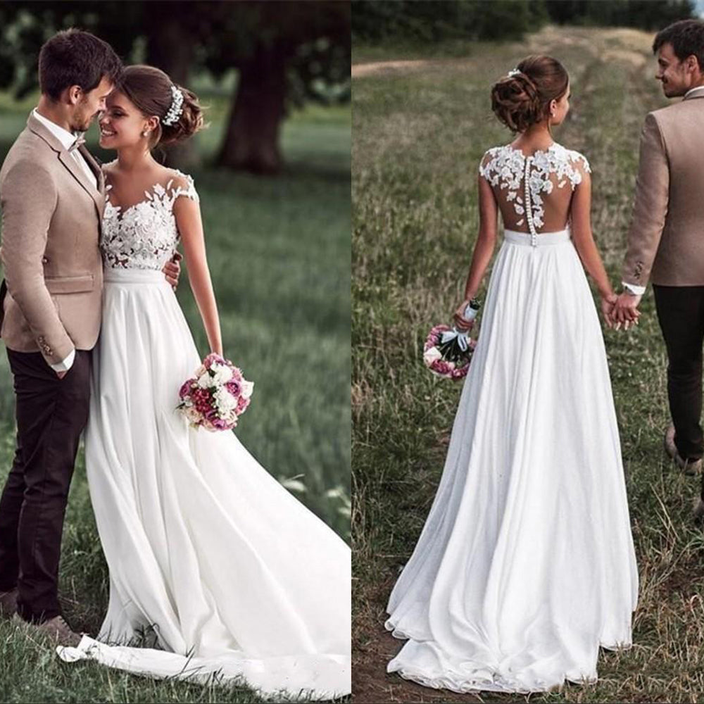 Beach Lace Appliques Bride Dress New Cap-Sleeves Slit Side Buttons White/Ivory Wedding Dresses 2020
