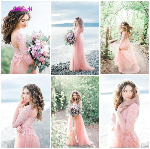 Pink Tulle Long Bridesmaid Dresses A-Line Half Sleeves Wedding Guest Dress Illusion Lace Side Split Prom Dress Formal Party Gown