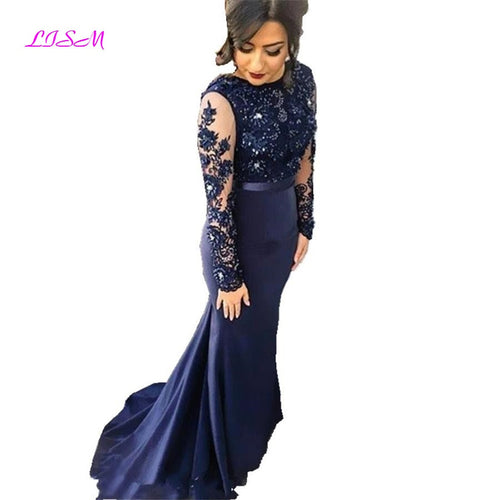 Navy Blue Mermaid Bridesmaid Dresses for Women O-Neck Long Sleeves Sweep Train Formal Gowns Beaded Applique Long Prom Dress 2020