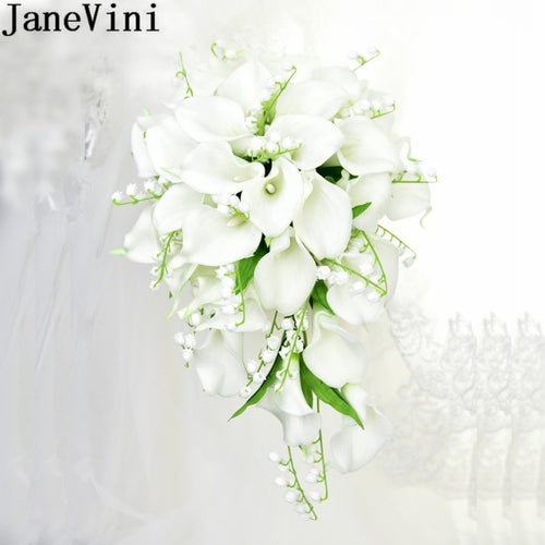 White Waterfall Wedding Bouquet Artificial Calla Lily of the Valley Blue Flowers Bridal Support Bouquets Flores Novia