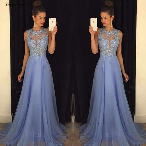 Light Blue Long Bridesmaid Dresses Chiffon Lace 2020 O Neck Sexy Back Applique Beaded Illusion A Line Formal Wedding Guest Gowns