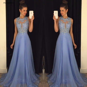 Light Blue Long Bridesmaid Dresses Chiffon Lace 2020 O Neck Sexy Back Applique Beaded Illusion A Line Formal Wedding Guest Gowns