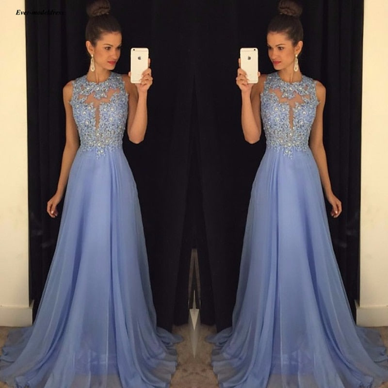 Light Blue Long Bridesmaid Dresses Chiffon Lace 2020 O Neck Sexy Back Applique Beaded Illusion A Line Formal Wedding Guest Gowns