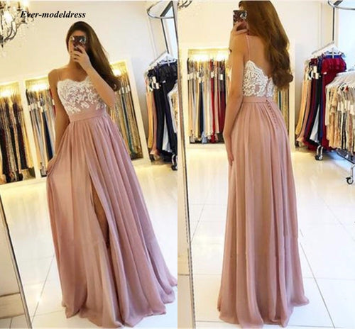 2019 Blush Pink Long Bridesmaid Dresses High Side Split Spaghetti Straps A-Line Appliques Chiffon Sexy Back Prom Party Gowns
