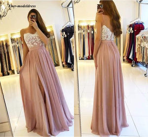 2019 Blush Pink Long Bridesmaid Dresses High Side Split Spaghetti Straps A-Line Appliques Chiffon Sexy Back Prom Party Gowns
