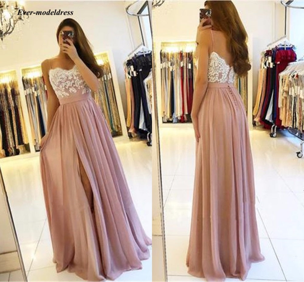 2019 Blush Pink Long Bridesmaid Dresses High Side Split Spaghetti Straps A-Line Appliques Chiffon Sexy Back Prom Party Gowns