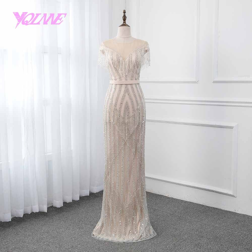 YQLNNE champagne mermaid evening dress 2020 Illusion beading tassel formal gown Women dresses robe de soiree	 Pageant Dresses