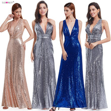 Load image into Gallery viewer, Evening Dress Sparkle Ever Pretty Long Deep V-Neck 2019 Natural Waist EP07109GY Mesh Cross Back Shiny Sequin Evening Dress Gowns