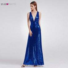 Load image into Gallery viewer, Evening Dress Sparkle Ever Pretty Long Deep V-Neck 2019 Natural Waist EP07109GY Mesh Cross Back Shiny Sequin Evening Dress Gowns
