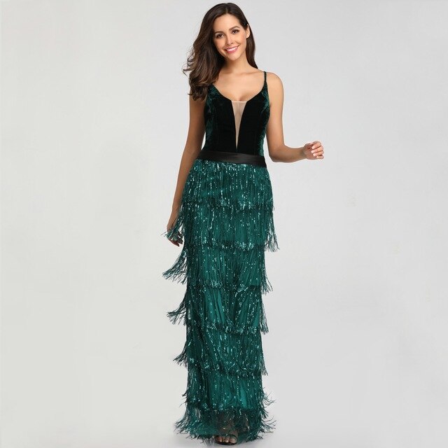Sequins Tassel Sexy Long Prom Dress Elegant V-neck Party Dress