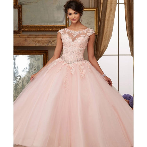 Puffy Peach 2020 Cheap Quinceanera Dresses Ball Gown Cap Sleeves Tulle Appliques Lace Crystals Sweet 16 Dresses