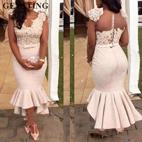 Blush Pink Lace Mermaid Bridesmaid Dresses 2019 African Formal Party Dress for Wedding Tea Length High Low Maid of Honor Gowns