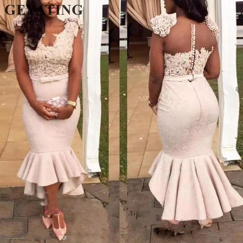 Blush Pink Lace Mermaid Bridesmaid Dresses 2019 African Formal Party Dress for Wedding Tea Length High Low Maid of Honor Gowns