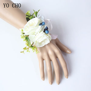 Silk Roses Wedding Wrist Corsages Boutonnieres Flowers White Bridal Hand Flowers Groom Man Buttonhole Marriage Supplies A
