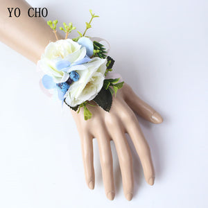 Silk Roses Wedding Wrist Corsages Boutonnieres Flowers White Bridal Hand Flowers Groom Man Buttonhole Marriage Supplies A