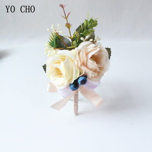 Silk Roses Wedding Wrist Corsages Boutonnieres Flowers White Bridal Hand Flowers Groom Man Buttonhole Marriage Supplies A