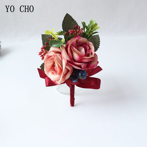 Silk Roses Wedding Wrist Corsages Boutonnieres Flowers White Bridal Hand Flowers Groom Man Buttonhole Marriage Supplies A