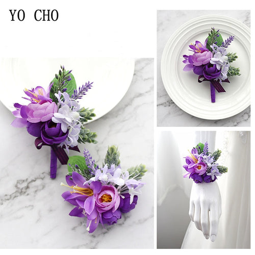 Wedding Boutonniere Wrist Corsage Bracelet Bridesmaid Men Corsage Purple Silk Roses Orchid Marriage Prom Wedding Supplies