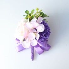 Load image into Gallery viewer, Wedding Boutonniere Wrist Corsage Bracelet Bridesmaid Men Corsage Purple Silk Roses Orchid Marriage Prom Wedding Supplies