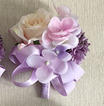 Load image into Gallery viewer, Wedding Boutonniere Wrist Corsage Bracelet Bridesmaid Men Corsage Purple Silk Roses Orchid Marriage Prom Wedding Supplies