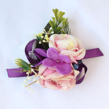 Load image into Gallery viewer, Wedding Boutonniere Wrist Corsage Bracelet Bridesmaid Men Corsage Purple Silk Roses Orchid Marriage Prom Wedding Supplies