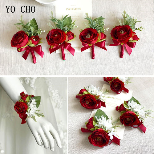 YO CHO Wrist Corsage Wedding Wrist Flower Corsage Groom Pink Rose Bracelet Bridesmaid Boutonniere Men Marriage Wedding Supplies
