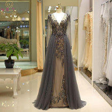 Load image into Gallery viewer, Women Prom Dresses 2020 Long Sleeves Walk Beside You Plus size Bestidos De Gala Gray Beading Crystal Deep V-neck Free Shipping