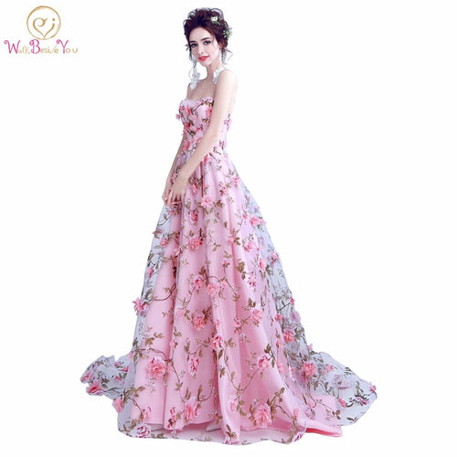 Walk Beside You Pink Flowers Prom Dresses 2019 Long Strapless Sweetheart vestido de formatura longo Evening Gown Party Halloween