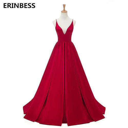 2019 Red Sexy Satin Evening Dresses Long A-line Prom Dresses V-neck Evening Party Dresses Prom Dress Open Back Robe De Soiree