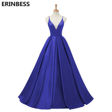 Load image into Gallery viewer, 2019 Red Sexy Satin Evening Dresses Long A-line Prom Dresses V-neck Evening Party Dresses Prom Dress Open Back Robe De Soiree