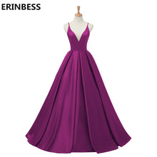 Load image into Gallery viewer, 2019 Red Sexy Satin Evening Dresses Long A-line Prom Dresses V-neck Evening Party Dresses Prom Dress Open Back Robe De Soiree