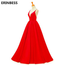 Load image into Gallery viewer, 2019 Red Sexy Satin Evening Dresses Long A-line Prom Dresses V-neck Evening Party Dresses Prom Dress Open Back Robe De Soiree