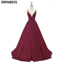 Load image into Gallery viewer, 2019 Red Sexy Satin Evening Dresses Long A-line Prom Dresses V-neck Evening Party Dresses Prom Dress Open Back Robe De Soiree
