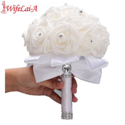 Stock Pure White PE Flower Foam Wedding Bouquet De Mariage Wedding Bouquets AND Ivory Cream PE Rose Diamond Ribbon Bouquet W2018