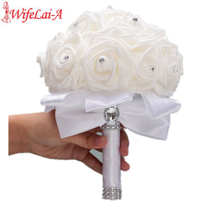 Stock Pure White PE Flower Foam Wedding Bouquet De Mariage Wedding Bouquets AND Ivory Cream PE Rose Diamond Ribbon Bouquet W2018