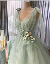 Load image into Gallery viewer, Pretty Mint Green 3D Flower Prom Dresses V-neck Ruffles A-line Prom Gowns V-neck Lace Up Plus Size Party Dress Abendkleider