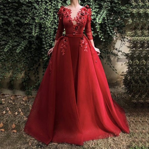 Burgundy Long Evening Gown Long Sleeve Sequin Flowers Dubai Kaftan Saudi Arabic Elegant Formal Dress Muslim Evening Dresses 2019