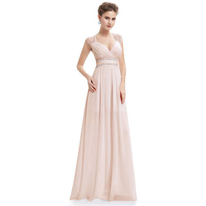 Plus Size Elegant V-Neck Long Evening Dress 2019 Cheap Chiffon Party Gowns Ruched Beading Empire Hollow Out Formal Dress