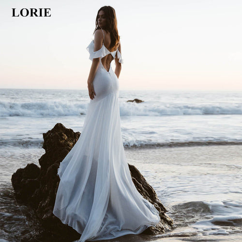 LORIE 2020 Mermaid Wedding Dresses V Neck Spaghetti Straps Backless Beach Wedding Dress Chiffon Long Train vestido de noiva New