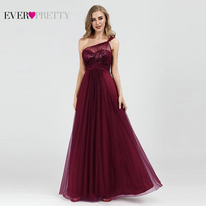Burgundy Evening Dresses Ever Pretty EP07446 Elegant A-line Tulle One-shoulder Sleeveless Sequined Long Party Gowns Robe Soiree