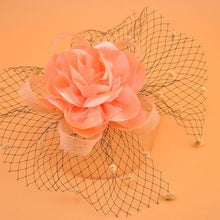 Load image into Gallery viewer, Girl Mesh Veil Hat Wedding headwear Elegant Ribbon Big Flower Solid Color Fascinator Small Plush Wave Point Bridal Hair pins gai