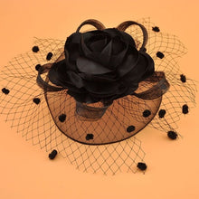 Load image into Gallery viewer, Girl Mesh Veil Hat Wedding headwear Elegant Ribbon Big Flower Solid Color Fascinator Small Plush Wave Point Bridal Hair pins gai