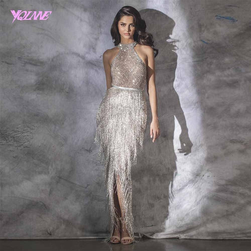 2020 Luxury Halter Rhinestones Evening Dress Pageant Gown Sleeveless Mermaid Slit Robe de Soiree