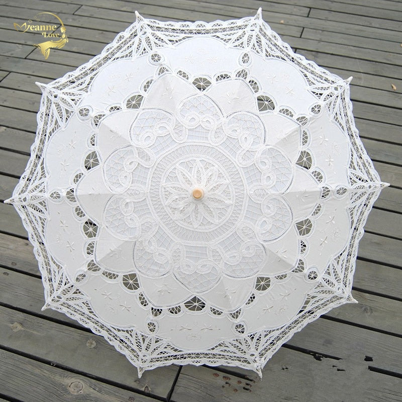 Fashion Sun Umbrella Cotton Embroidery Bridal Umbrella White Ivory Battenburg Lace Parasol Umbrella Wedding Umbrella Decorations