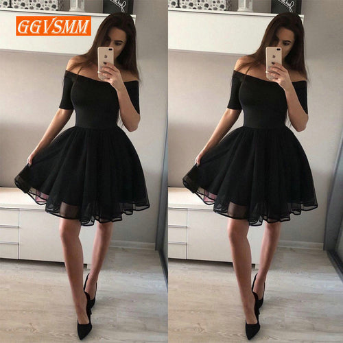 Fashion Black Short Prom Dresses 2019 Sexy Prom Dress Women Boat-Neck Tulle Zipper Knee Length Girl Formal Graduation Party Gown