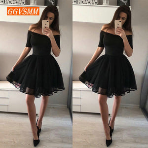 Fashion Black Short Prom Dresses 2019 Sexy Prom Dress Women Boat-Neck Tulle Zipper Knee Length Girl Formal Graduation Party Gown