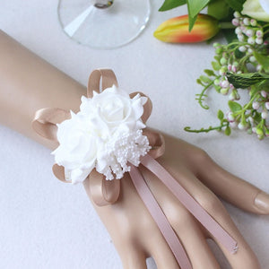 Handmade Foam White Rose Wrist Flowers for Bridesmaid Wrist Corsage Bracelet Band Wedding Accessories Bridal Wrist Flower