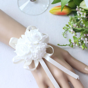 Handmade Foam White Rose Wrist Flowers for Bridesmaid Wrist Corsage Bracelet Band Wedding Accessories Bridal Wrist Flower