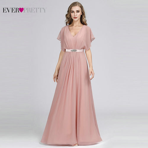 Pink Evening Dresses Long Ever Pretty EZ07717 Elegant A-line Chiffon Short Sleeve V-neck Sash Beaded Evening Gown robe de soiree