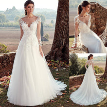 Load image into Gallery viewer, Tulle Jewel Neckline A-line Wedding Dresses With Illusion Back Lace Appliques Long Sleeves Bridal Dress vestido de noche